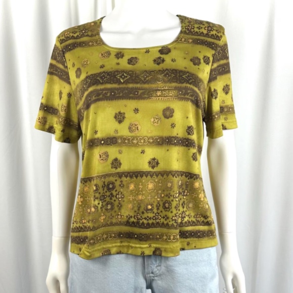 Vintage 2000’s ‘Fred David’ Citrus Green Bohemian Short Sleeved Tee Shirt - M/L - Picture 1 of 7